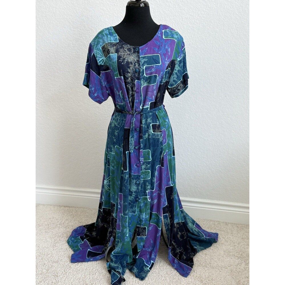 Hilo Hattie VTG Women M Maxi Dress Blue‎ Bold Abstract Print Whisigoth Boho 90’s
